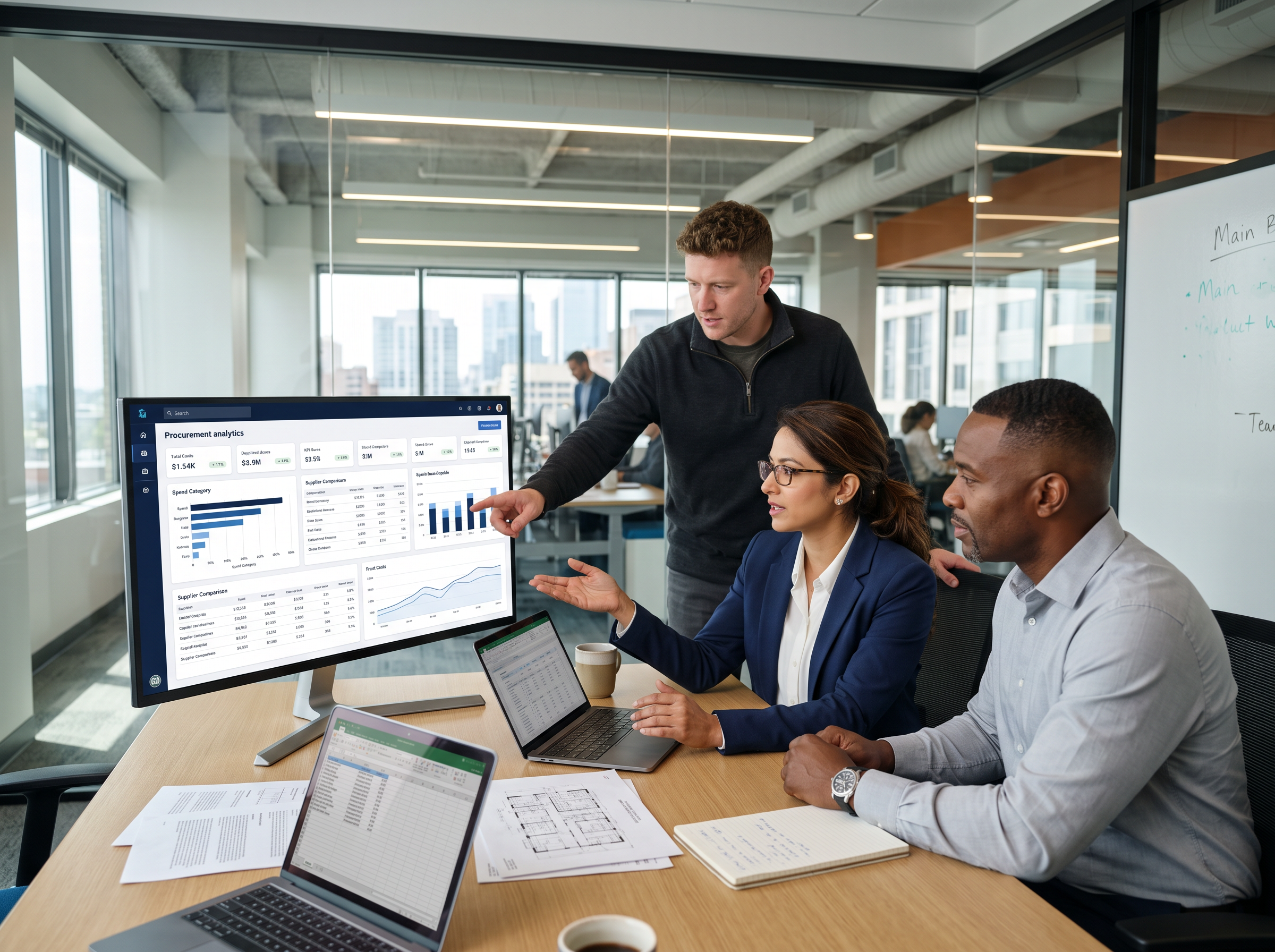 Commercial real estate team reviewing procurement data in office